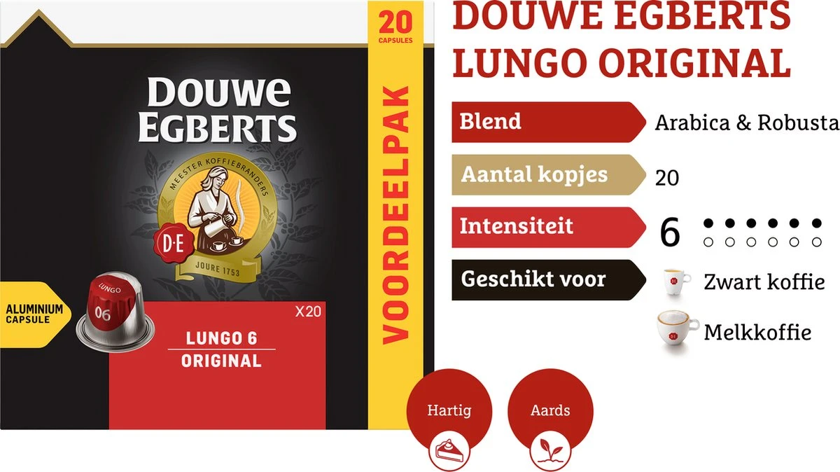 Douwe Egberts Lungo Original Koffiecups - Intensiteit 6/12 - 10 X 20 Capsules - Image 4
