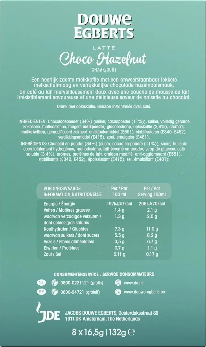 Douwe Egberts Latte Choco Hazelnut Oploskoffie - 5/9 Intensiteit - 5 X 8 Zakjes - Image 2