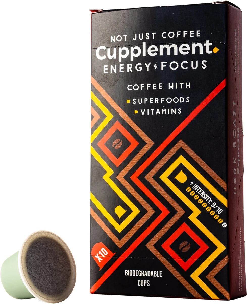 Cupplement Energy/Focus Blend Dark Roast Espresso - 10 Nespresso Koffiecups - Koffie Met Vitamines, Extra Cafeïne En Superfoods - Duurzame Biologische Afbreekbare Koffie Capsules